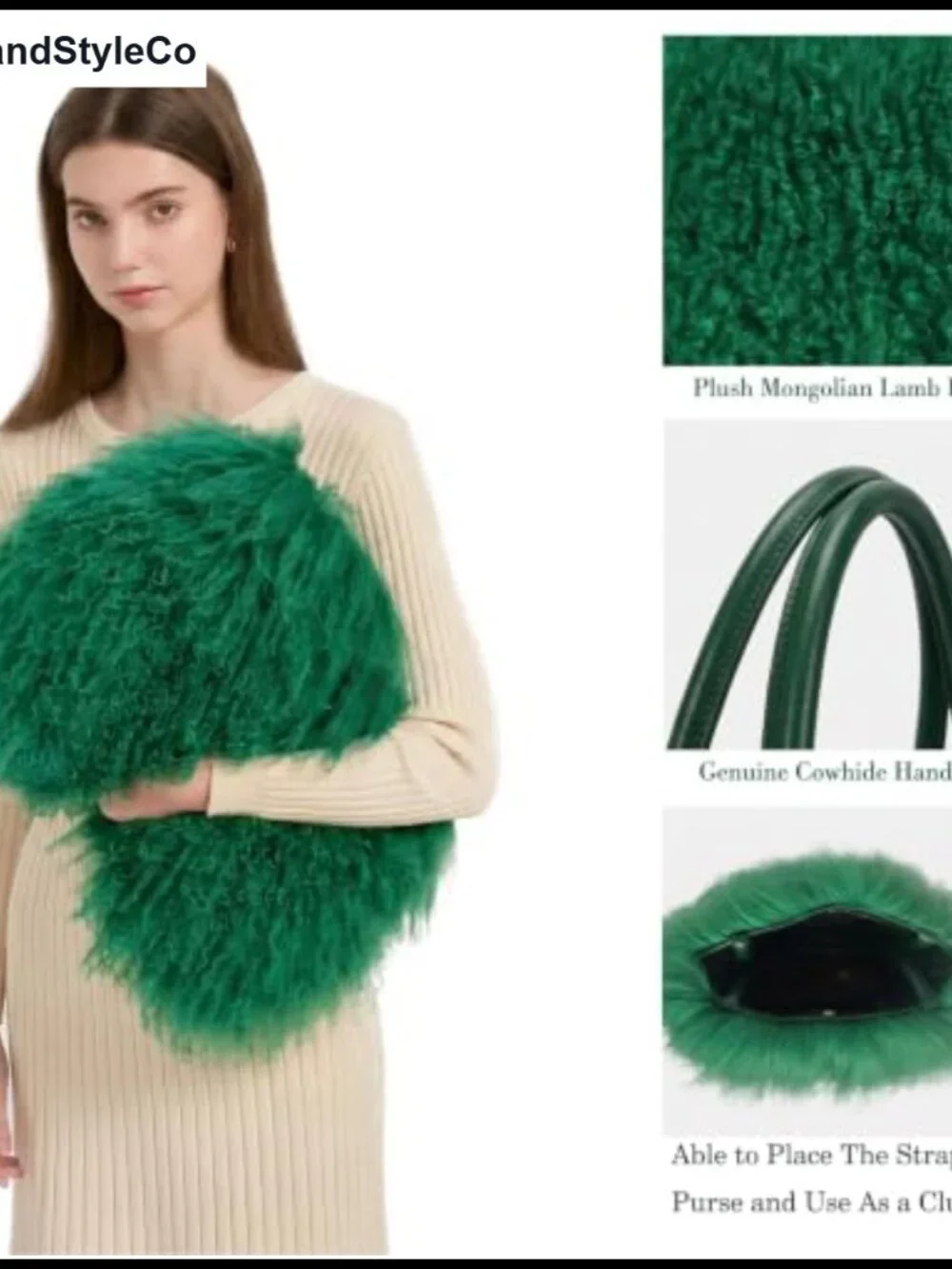Real Mongolian Lamb Fur Hobo Bag Genuine Leather Handles Button Close